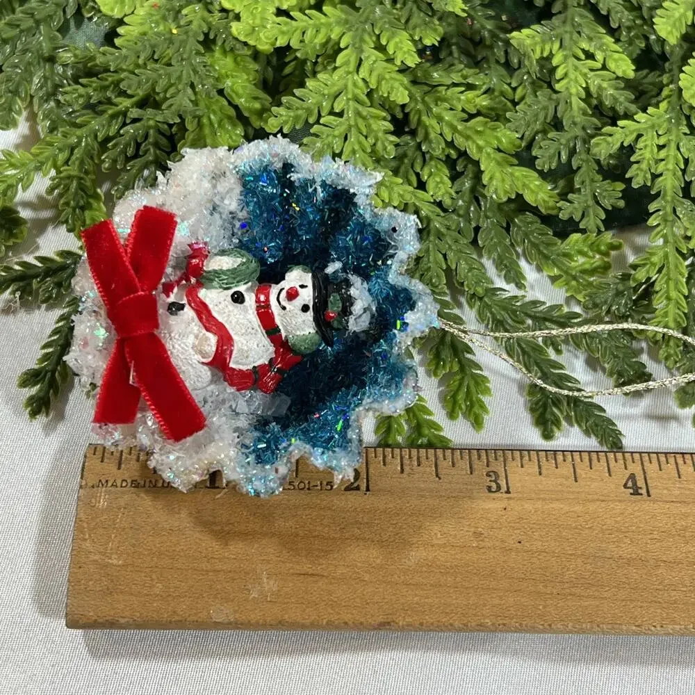 Vintage Round Tart Tin Snowman Snow Diorama Mid Century Glitter Ornament